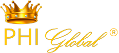 a logo da phi gold invest tem o formato dela escrita por extenso, com a cor amarelo brilhante e a cima da letra phi tem um desenho de uma coroa dourada